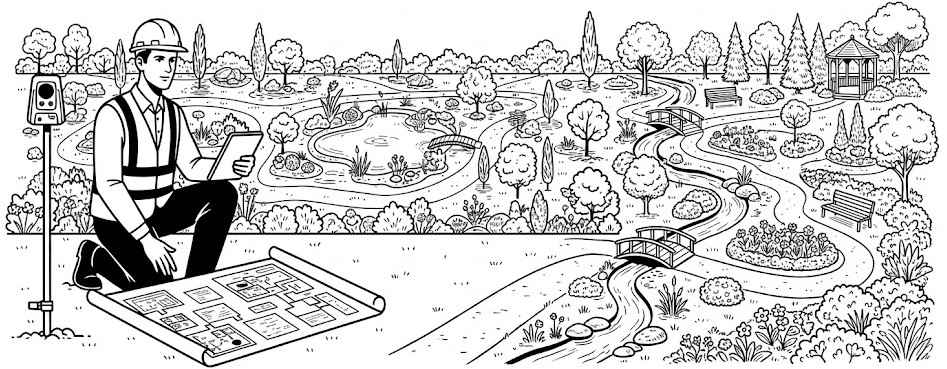 Геодезист составляет детальный топографический план участка для ландшафтного дизайна